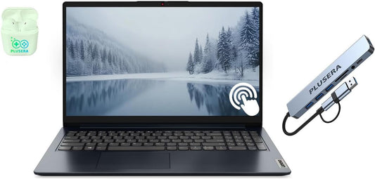 A Lenovo IdeaPad 15.6” FHD Touchscreen Laptop with Windows 11 Pro and Microsoft Office, 40GB RAM, 2.5TB storage, plus PLUSERA earphones and a docking station are displayed with a snowy scene on the screen.
