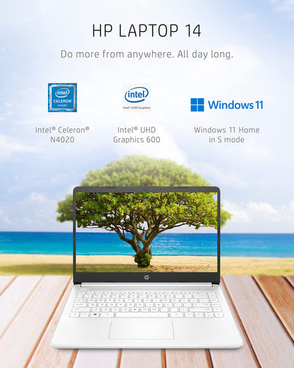 HP 14 Laptop, Intel Celeron N4020, 4 GB RAM, 64 GB Storage, 14-inch Micro-edge HD Display, Windows 11 Home, Thin & Portable, 4K Graphics, One Year of Microsoft 365 (14-dq0040nr, Snowflake White) - AOP3D tech